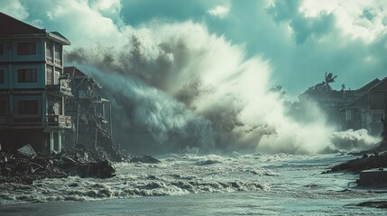 Tsunami wave impact, massive waves crashing into a coastal town, destroying buildings
