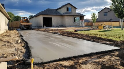 Obraz premium Pouring driveway concrete, smooth fresh pavement, house in background, 
