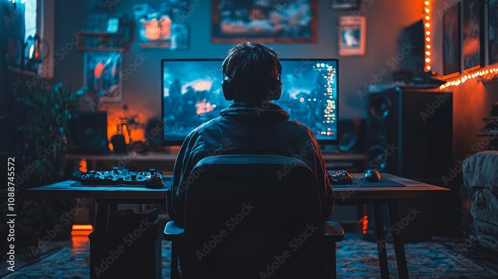 Poster the room is lit by neon lights in retro arcade style and has a paused first-person shooter game play