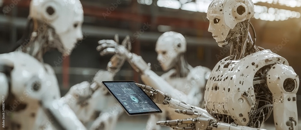 Leinwandbilder In an intelligent factory industrial, an engineer and manager use tablets to monitor and control automation robot arms machines.