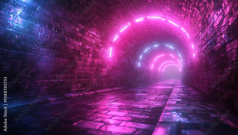 Poster object in neon light against a dark tunnel. laser glow.