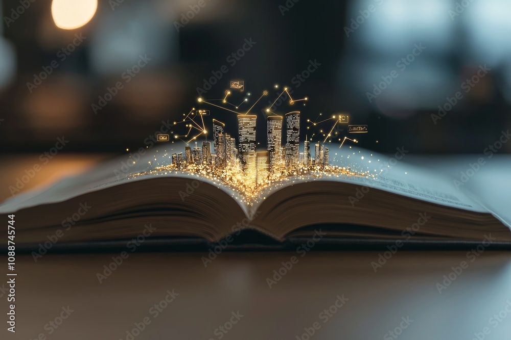 Poster In the open book pages, a beautiful scene of modern city skyline appears with an IoT automation system controlling the wireless connections.