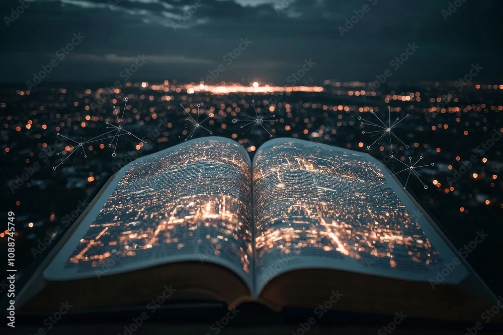 Poster An iot automation system with smart home control and wireless connections pops up in the open book pages at night.