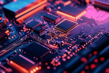 Obraz premium Illuminated Circuit Board Shows Complex Technology