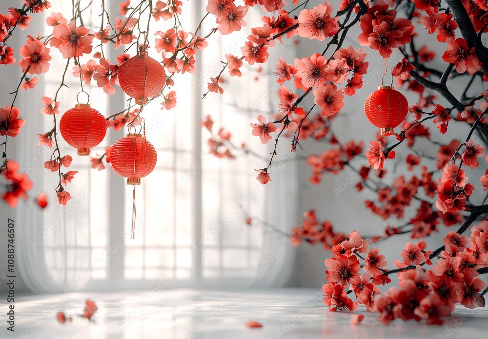 Poster cherry blossoms on the branch with buds and leaves. chinese new year sakura and lanterns with pigs. 