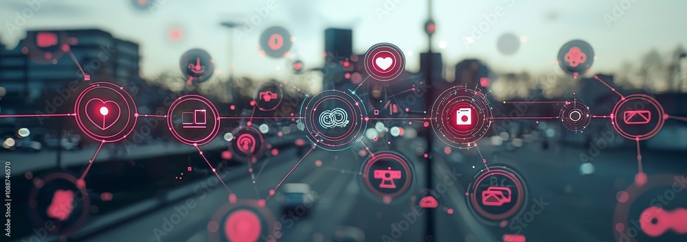 Poster Technology industrial business process workflow organisation structure on the virtual screen. IOT smart industry concept mixed media diagram.