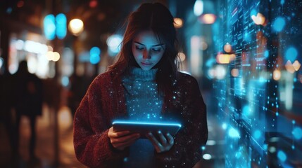 Digital online marketing commerce sale concept. Woman using tablet payments online shopping and icon customer network connection on hologram virtual screen, m-banking and omni channel..