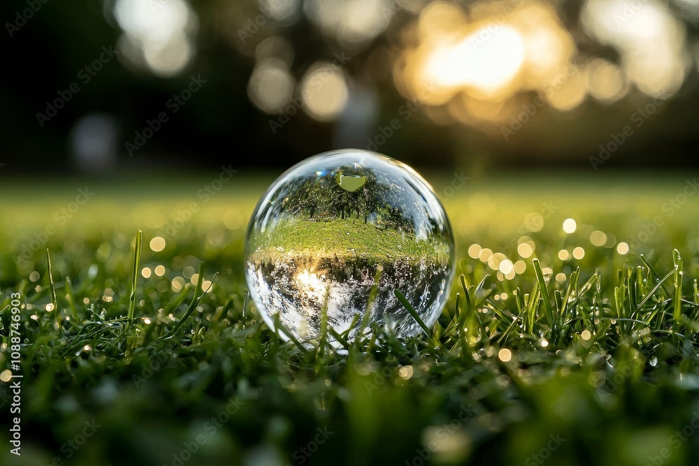 Poster an image of a crystal globe on grass in a forest - an image of nature