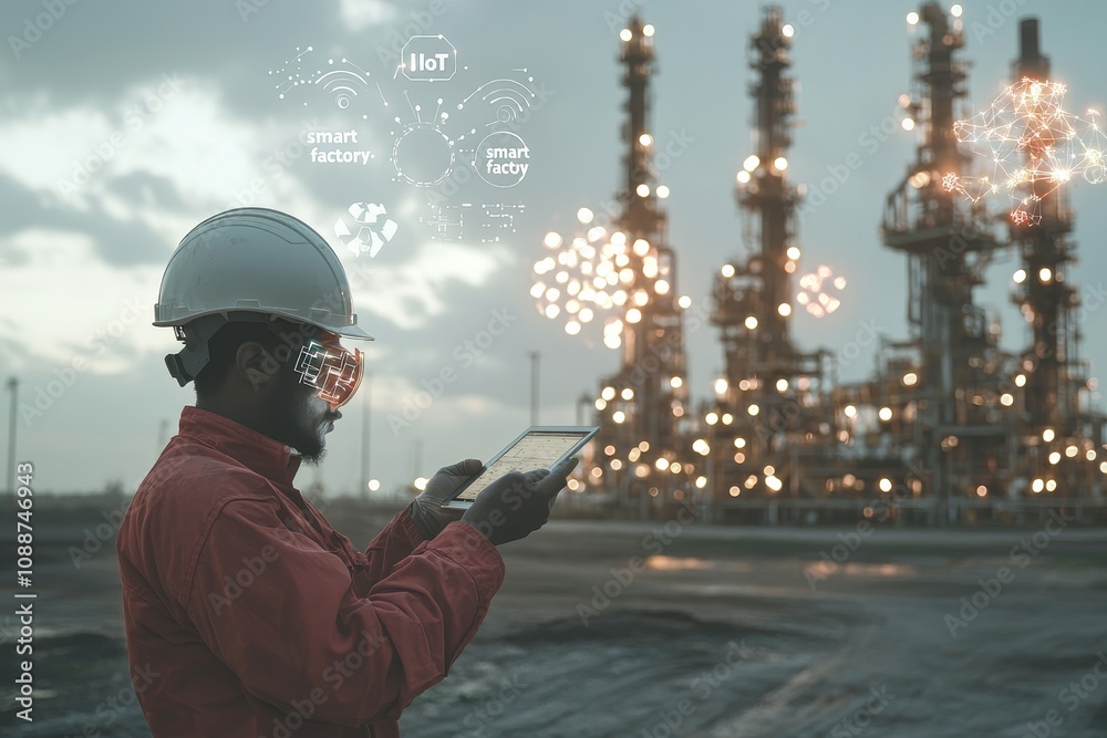 Poster image showing a double exposure of an engineer with an oil refinery industrial plant background, ind