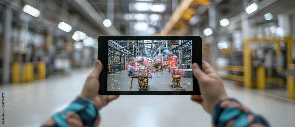 Poster technology concept of smart manufacturing, industry 4.0, 5.0, using augmented mixed reality technolo