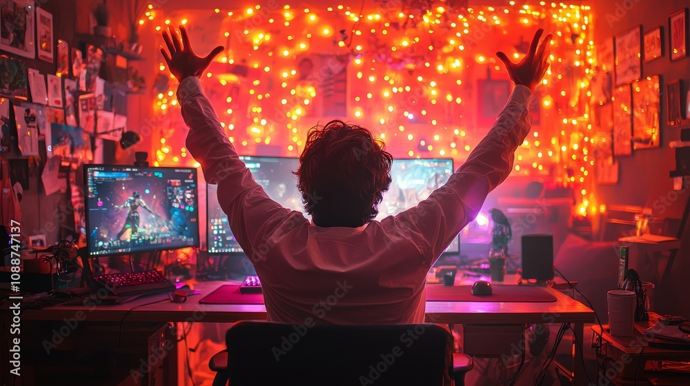 Poster an evening at home with a gamer playing and winning in first-person shooter online video game on his