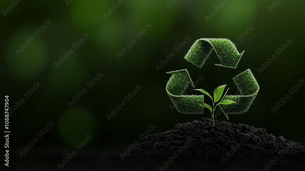 Poster Over blurred green nature background, connecting dots and lines create the shape of a recycling cover for a small tree. Environmental concept.