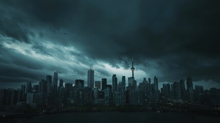 Obraz premium A panoramic image of an apocalypse city skyline under a dark, foreboding sky, evoking a sense of despair