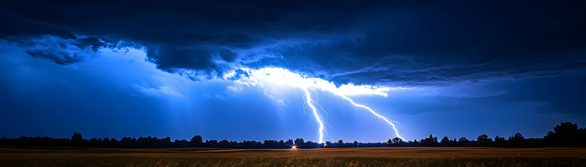 A Dramatic Lightning Strike Illuminates a Field with Trees in the Foreground