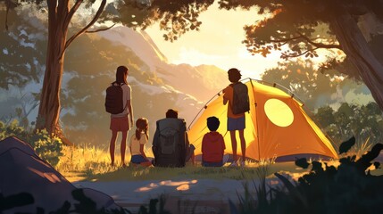 Camping with diverse families, fostering connection through outdoor activities, illustrations.