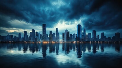 Fototapeta premium A panoramic image of an apocalypse city skyline under a dark, foreboding sky, evoking a sense of despair