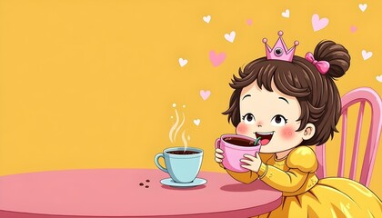 Fototapeta premium Cute Princess Girl Enjoying Coffee in Adorable Cartoon Style