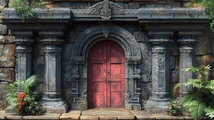 Fototapeta na wymiar Ornate red door framed by stone architecture and lush plants.