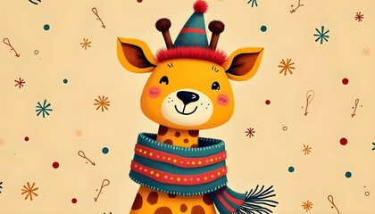 Naklejka premium Cute Giraffe in Winter Scarf Holiday Card Design