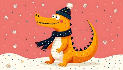 Happy Crocodile in Winter Hat and Scarf Art Print