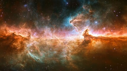 Fototapeta premium A panoramic view of a cosmic landscape showcasing otherworldly features and a vibrant atmosphere