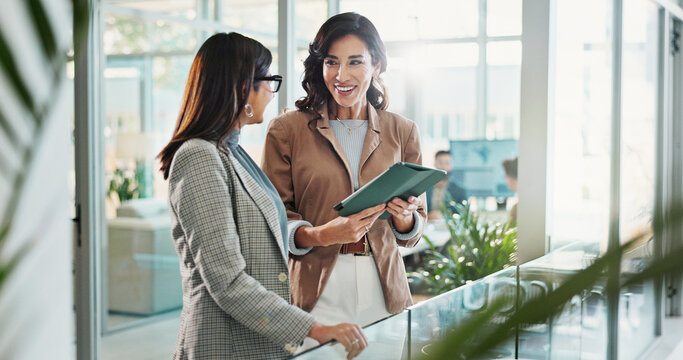 Tablet, conversation and business people in office with research for break in finance stock market. Meeting, technology and female financial advisors with online revenue, profit or equity report.