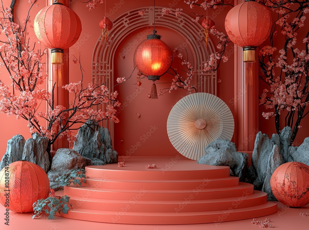 Poster Display stand mock-up with a Chinese traditional texture for display of a product. Rendering shows an empty podium with Chinese lunar new year theme.