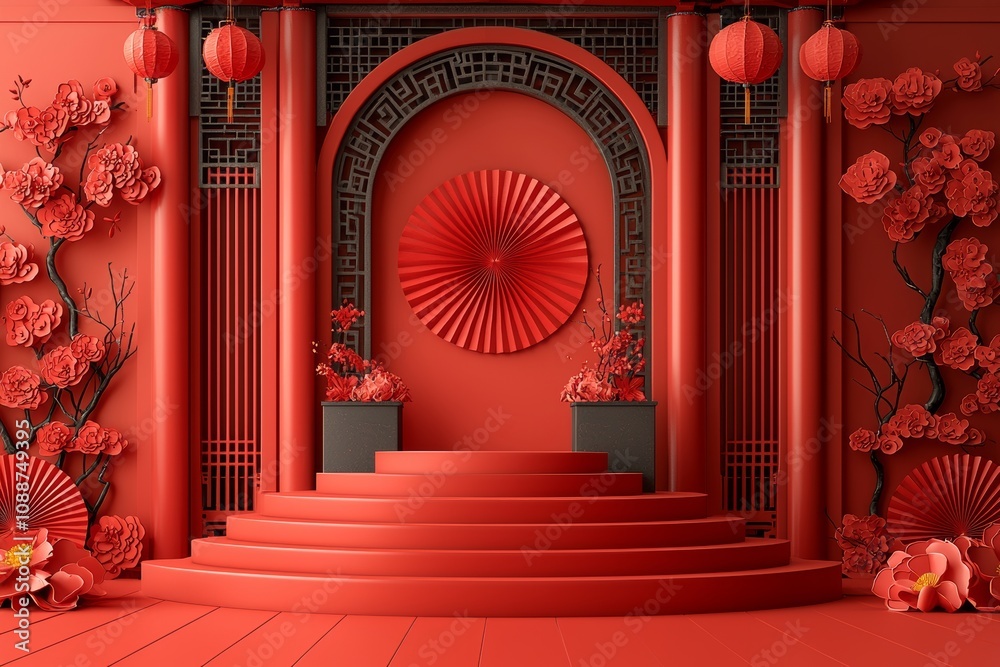 Leinwandbilder display mockup with red podium on red abstract background with red hand paper fan, stage for product