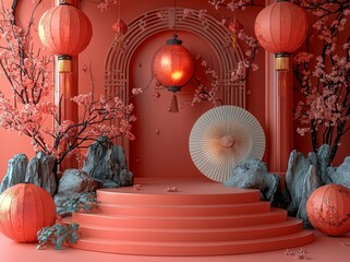 Display stand mock-up with a Chinese traditional texture for display of a product. Rendering shows an empty podium with Chinese lunar new year theme.