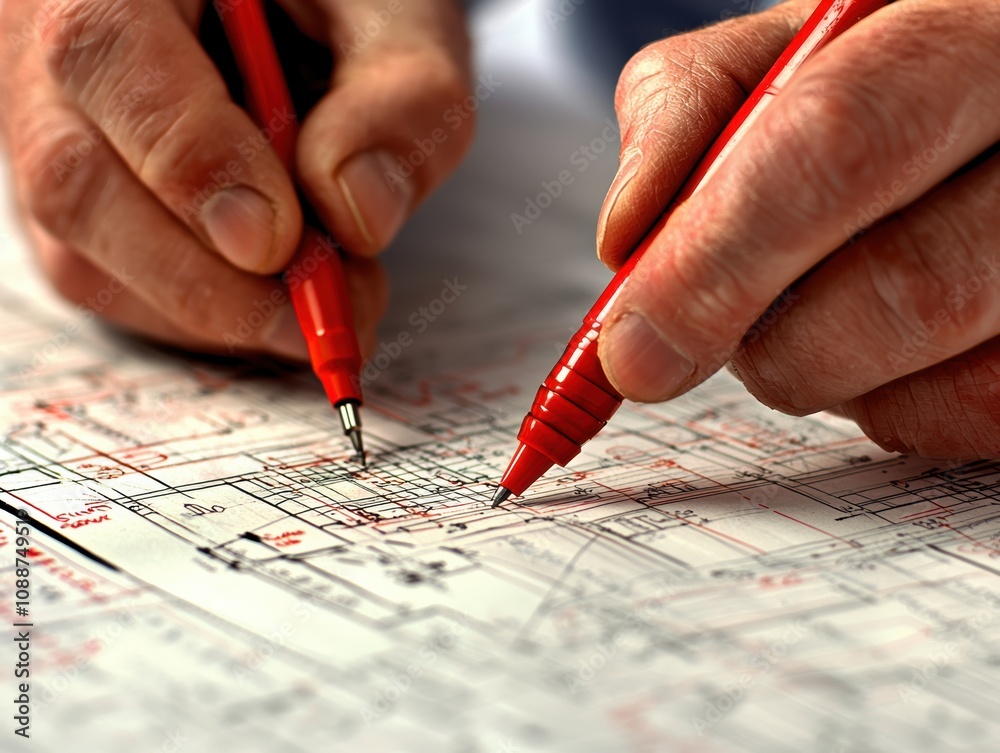 Poster detail-oriented hands holding red pens over technical blueprint for architecture projects and constr