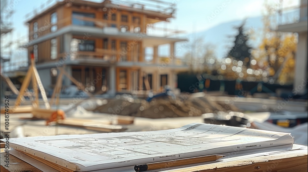 Poster Table with architectural design, construction schedule sheets and in the background a residential project under construction at the construction site.