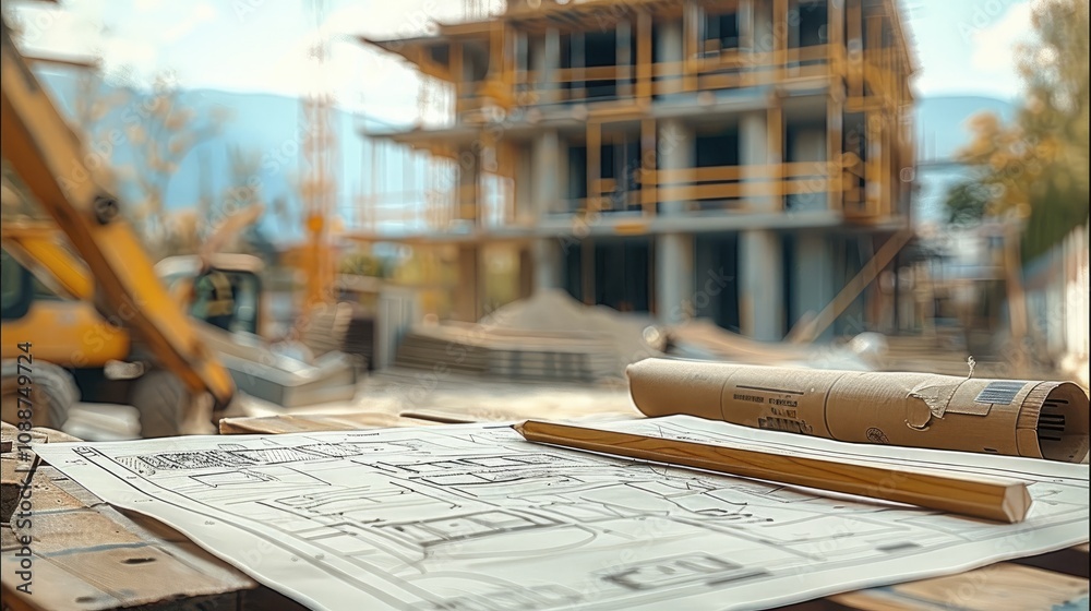 Poster Table with architectural design, construction schedule sheets and in the background a residential project under construction at the construction site.