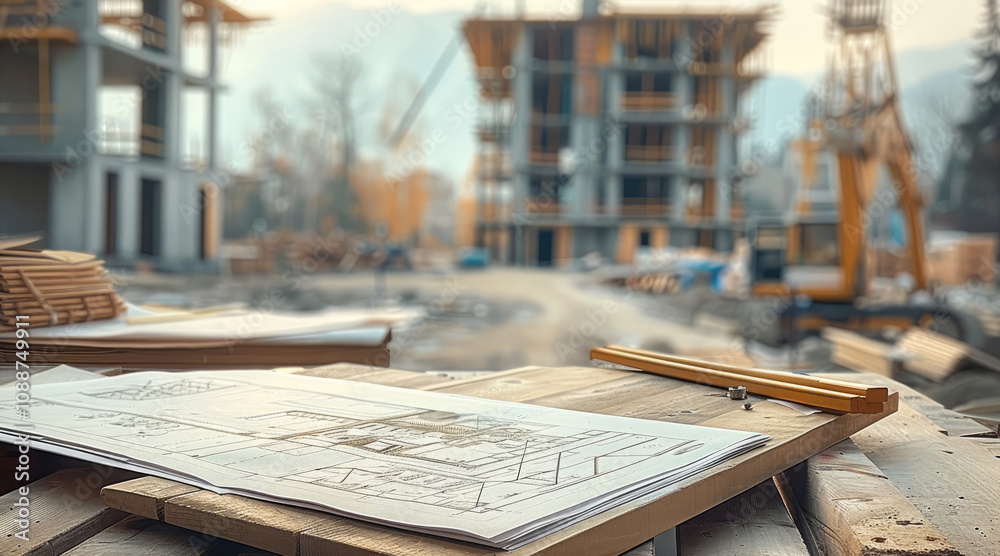 Poster table with architectural design, construction schedule sheets and in the background a residential pr