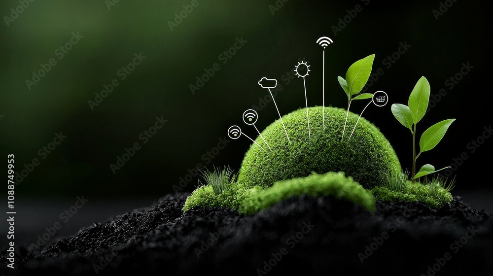 Poster ecological green energy icons concept with moss in forrest background