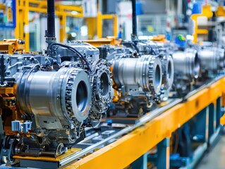 Obraz premium Industrial Production Line with High-Tech Jet Engines Showcasing Advanced Engineering and Precision Manufacturing in a Factory Environment
