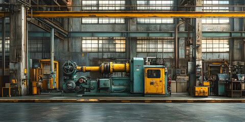 Fototapeta premium Industrial Machine in a Large Factory Setting with Exposed Beams and Pipes