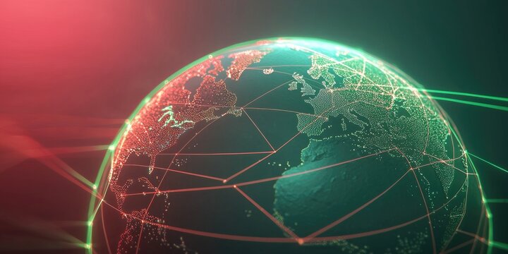 A digital globe with bright lines connecting various countries, symbolizing a global communication network.