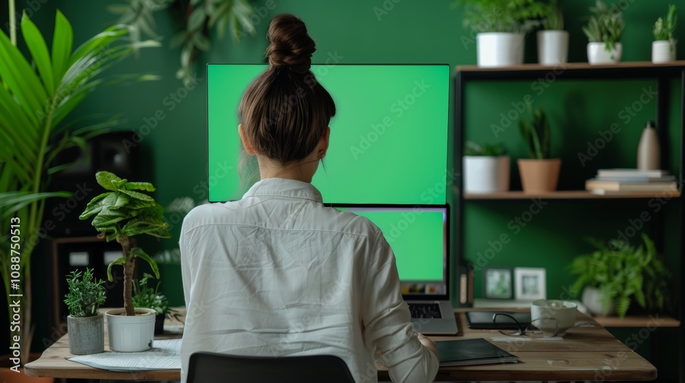 Poster In a startup office, a worker looks at a laptop with a greenscreen template. A sales consultant uses an isolated mockup background with a chroma key display and blank copyspace on the screen.
