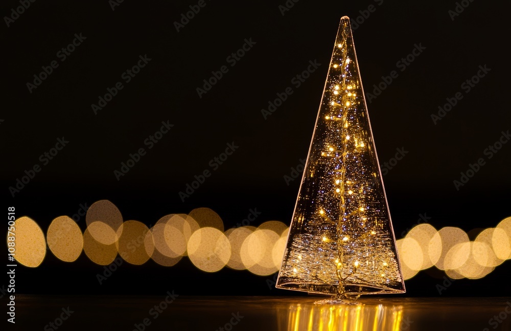 Leinwandbilder An image of a festive Christmas tree with a wooden table with bokeh effect