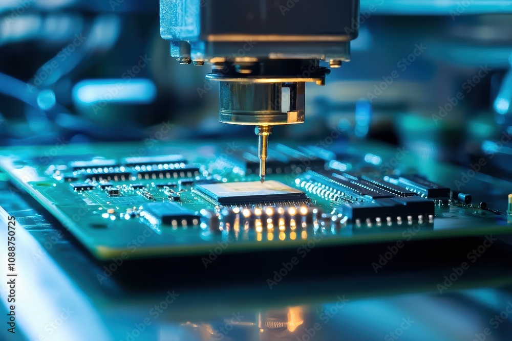 Poster high-tech precision in electronics manufacturing: close-up of automated machine engaging with circui