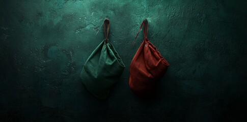 Christmas stockings filled with gifts, copyspace, green background. Stock.