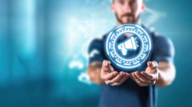 Man holding hologram of an open system with a megaphone icon, Influencer Campaigns highlighting sponsorships, partnerships, referral strategies