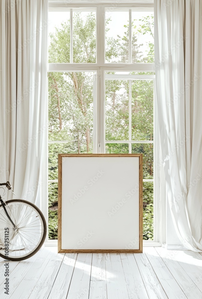 Poster A close up of a frame mockup in front of an empty interior background, rendered in 3D