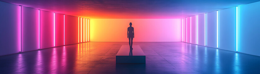 A Silhouette Stands on a Platform in a Room with Neon Lights, Reflecting on the Polished Floor