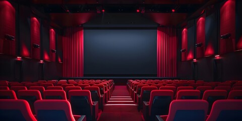 Obraz premium Darkened empty movie theatre and stage with the red curtains drawn viewed over rows of vacant seats from the rear 