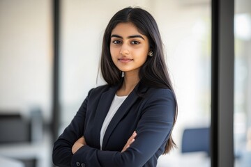 Fototapeta premium Woman boss posing hands crossed looking at camera in office corporate portrait of successful latino indian arabian businesswoman worker