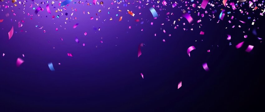 Flying neon confetti blankets a purple background in this festive party