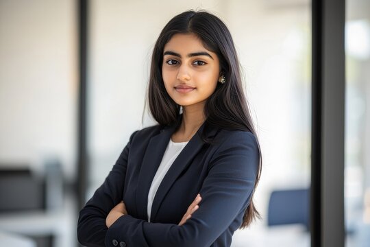 Woman boss posing hands crossed looking at camera in office corporate portrait of successful latino indian arabian businesswoman worker
