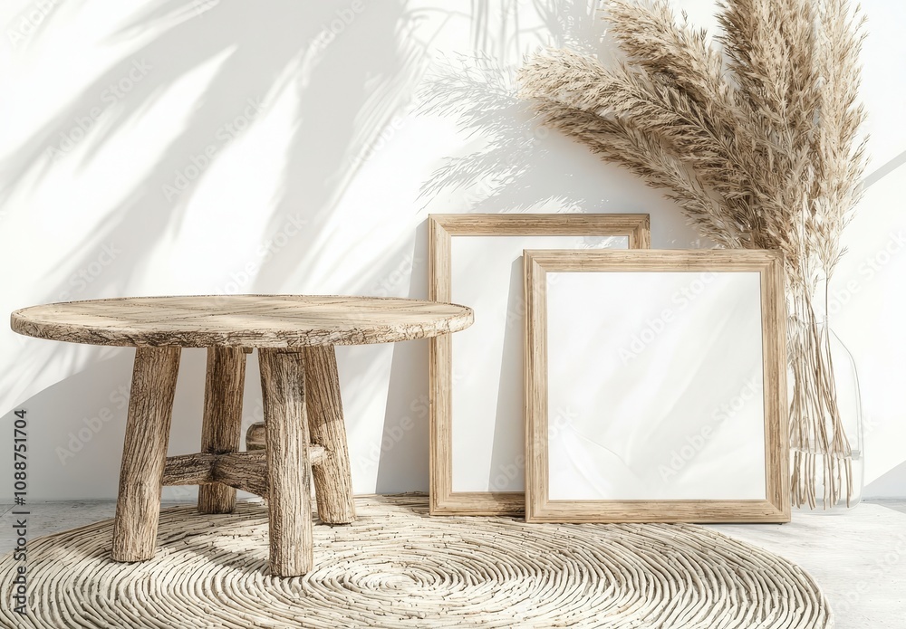 Poster Three-dimensional rendering of a mockup frame in an interior with a light pastel background