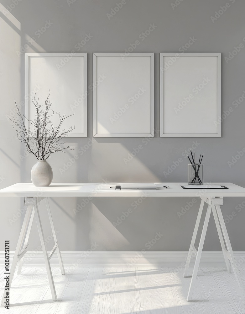 Poster mockup of an empty wooden frame close up at home, a photo of a workspace near a window, a 3d render,